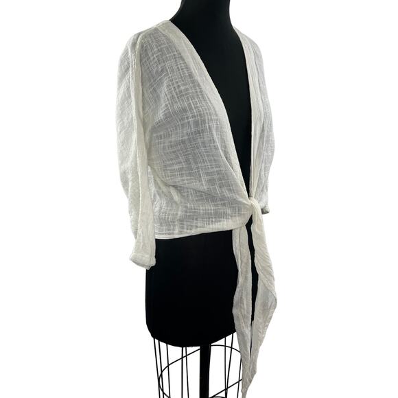 Gillia White Cropped Blouse Top Cotton Tie Front Ribbed V-Neck Size X-Small XS - Picture 3 of 8